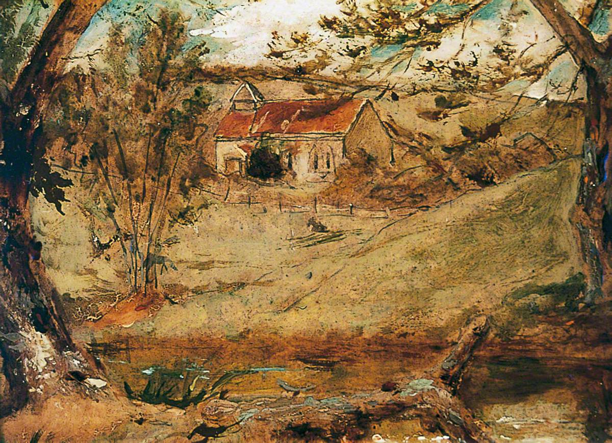 Givendale church in the woods. Oil on millboard.  Original by William Etty 1843-1849. Fine art prints by The Vintage Art Market.
