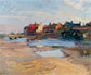 Low tide with colorful homes in the background. Oil on canvas.  Original by John Frederick Pettinger before 1939. Fine art prints by The Vintage Art Market.