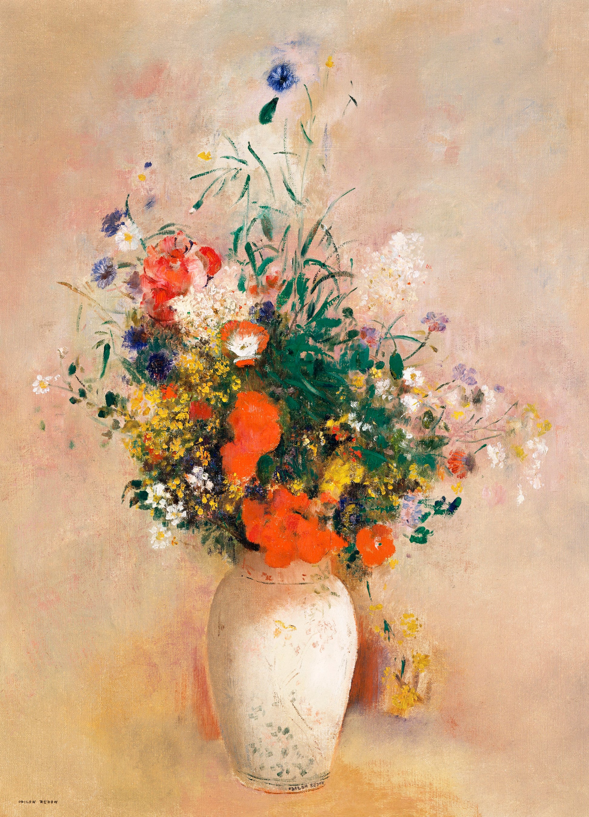 Orange poppies in a vase. Oil on Canvas.  Original by Odilon Redon 1906. Fine art prints by The Vintage Art Market.