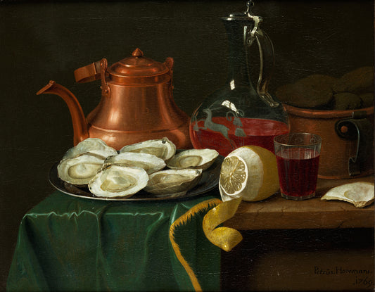 Still life with oysters, lemons, and wine. Oil on canvas. Original by Peter Jacob Horemens. Fine art prints by The Vintage Art Market.