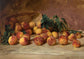 Still life of peaches with brown bag and leafy branches. Oil on canvas. Original by Llyod Branson. Fine art prints by The Vintage Art Market. 