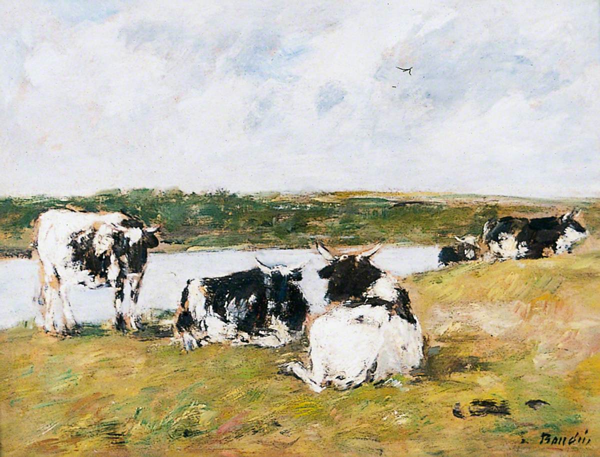 Cows relaxing on the banks of a river. Oil on paper.  Original by Eugene Louis Boudin 1880-1885. Fine art prints by The Vintage Art Market.