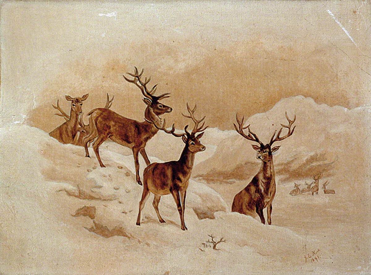 Stags in a snowy winter scene. Oil on canvas Original by John Lamplugh Kirk 1891. Fine art prints by The Vintage Art Market. 