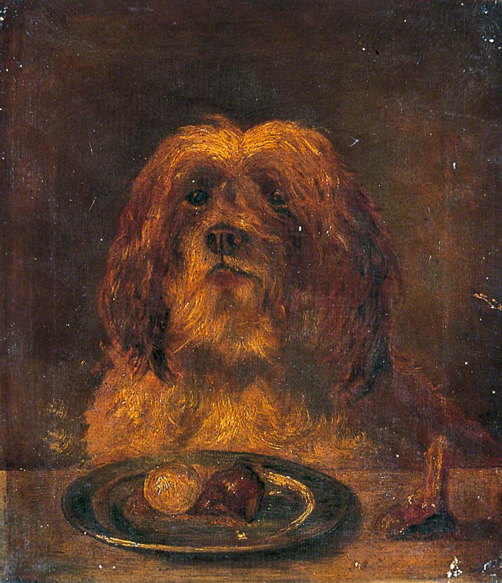 Terrier at lunch. Oil on canvas. Original by Martin Theodore Ward. Fine art prints by The Vintage Art Market
