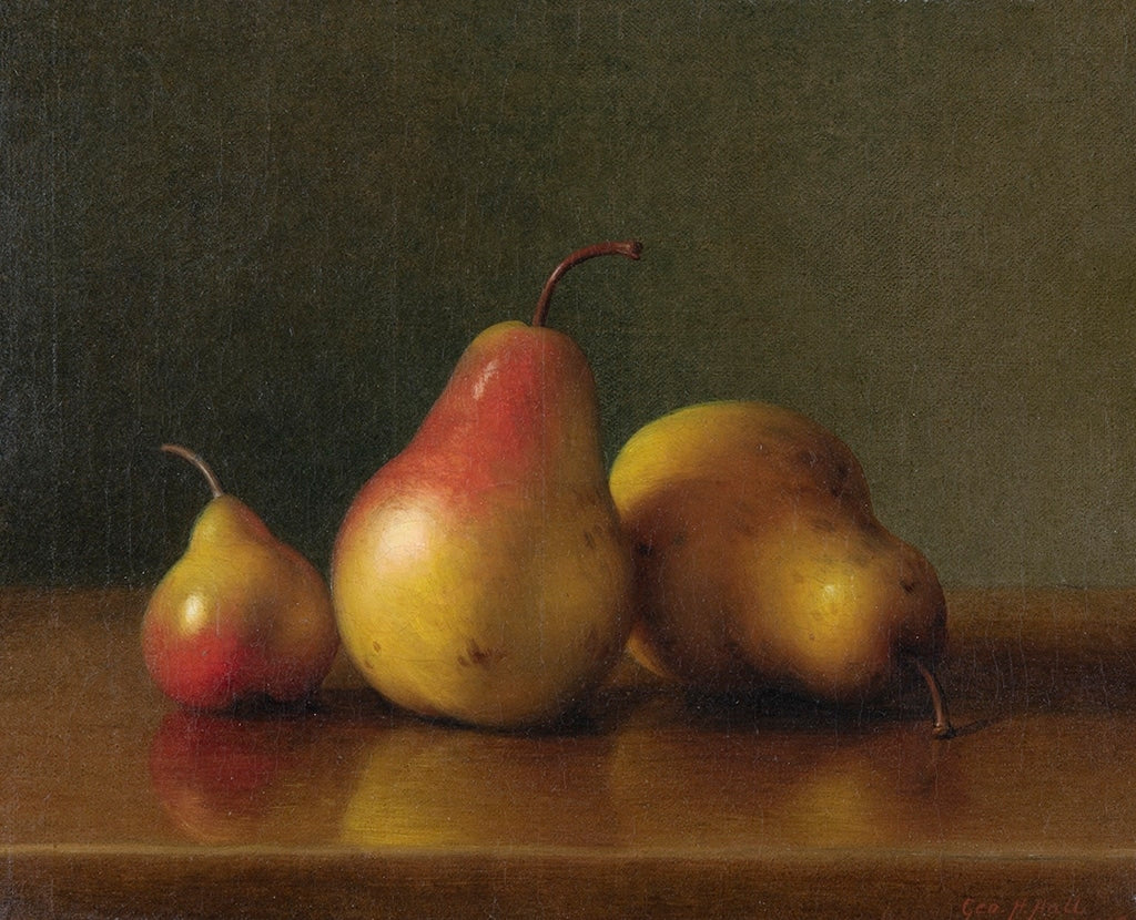 Three pears. Oil on Canvas. Original by George Henry Hall. Fine art prints by The Vintage Art Market. 