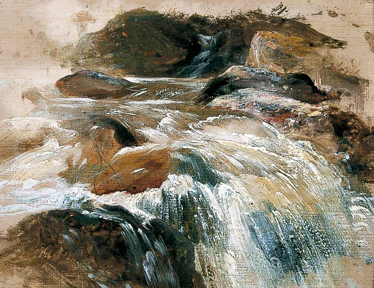 Waterfall sketch. Oil on wood.  Original by William James Müller 1830.  Fine art prints by The Vintage Art Market.