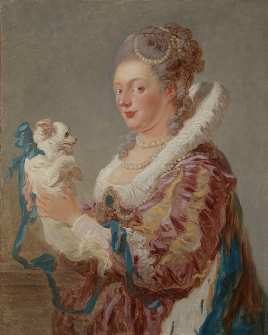 Portrait of a lady with her white dog. Oil on Canvas.  Original by Jean Honoré Fragonard 1769. Fine art prints by The Vintage Art Market.