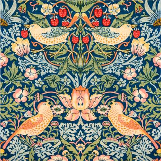 Pattern print of birds and strawberry thieves.   Original by William Morris 1883. Fine art prints by The Vintage Art Market.